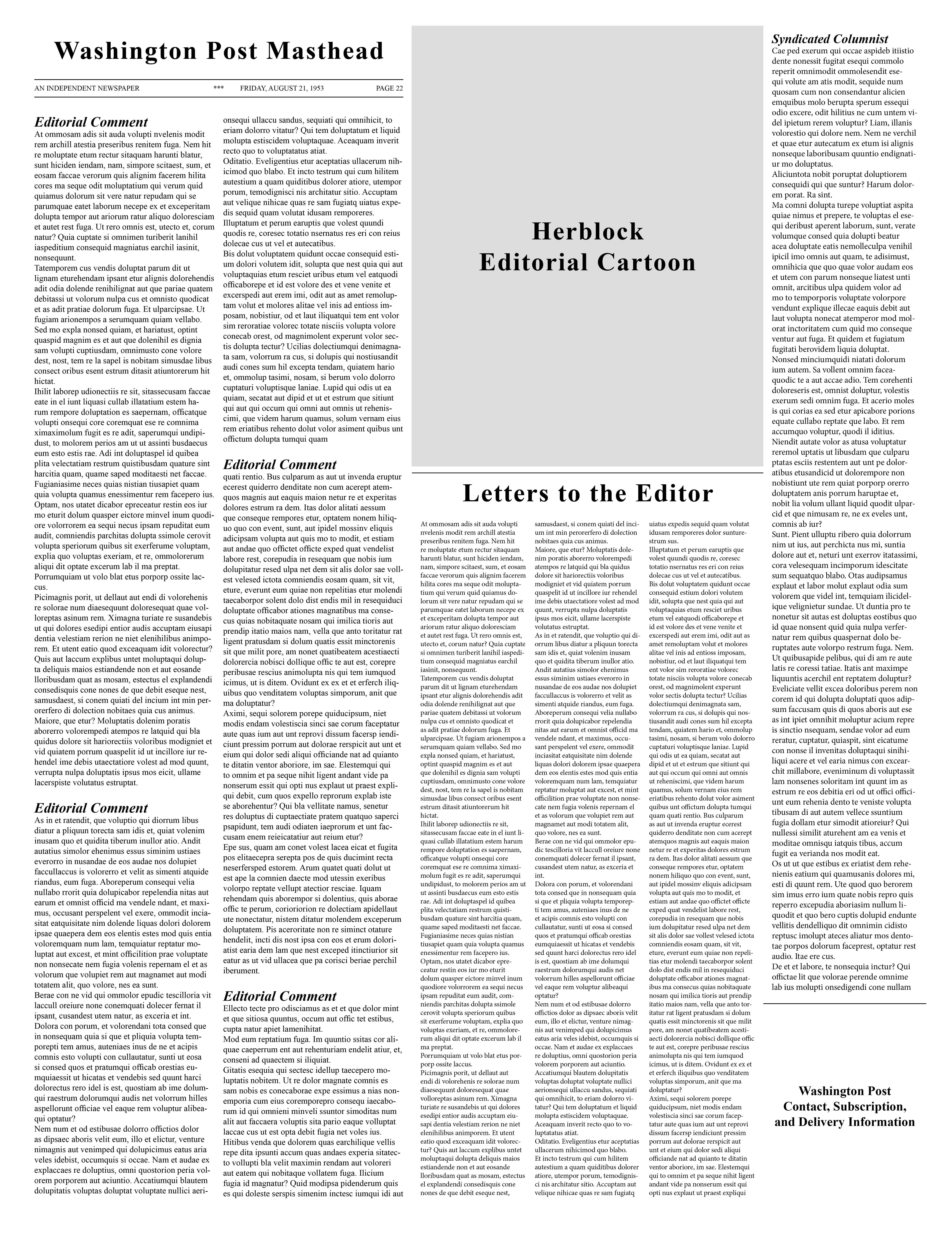 Mock-up of the Washington Post's editoral page layout based on the paper from the twenty-first of August nineteen hundred and fifty-three.