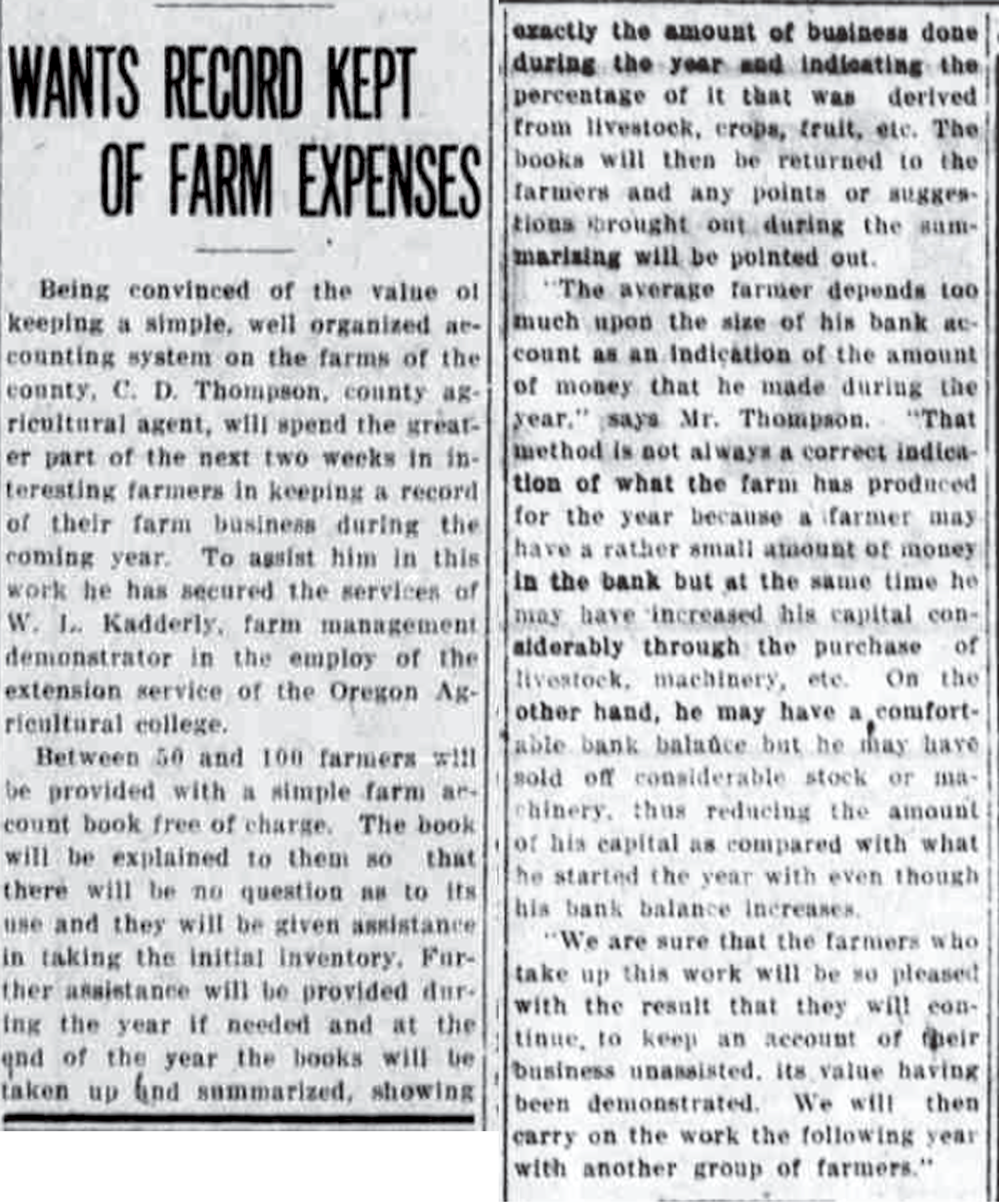 Black and white image of newspaper article entitled "Wants Record Kept of Farm Expenses"