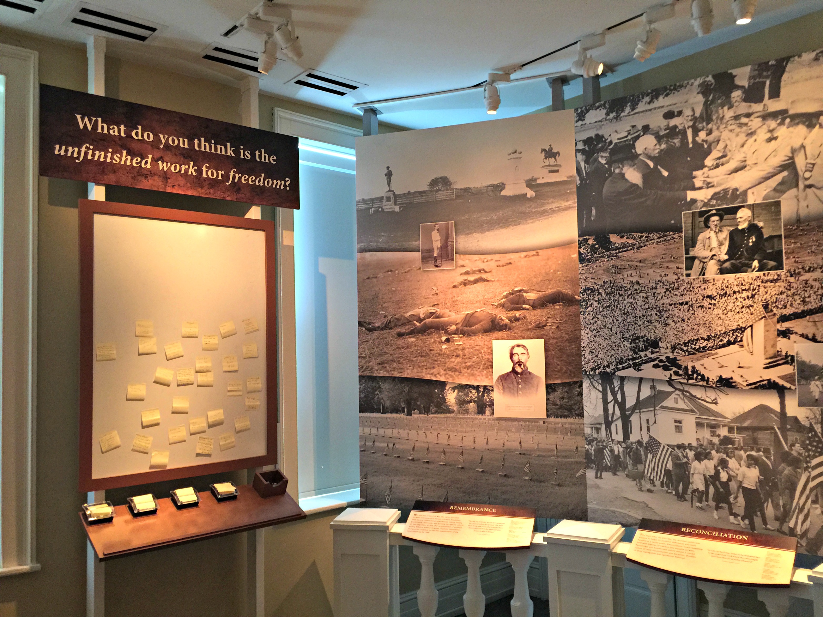 Photograph of a talk-back board at the Seminary Ridge Museum in Gettysburg, Pennsylvania. The question reads: What do you thin is the unfinished work for freedom?