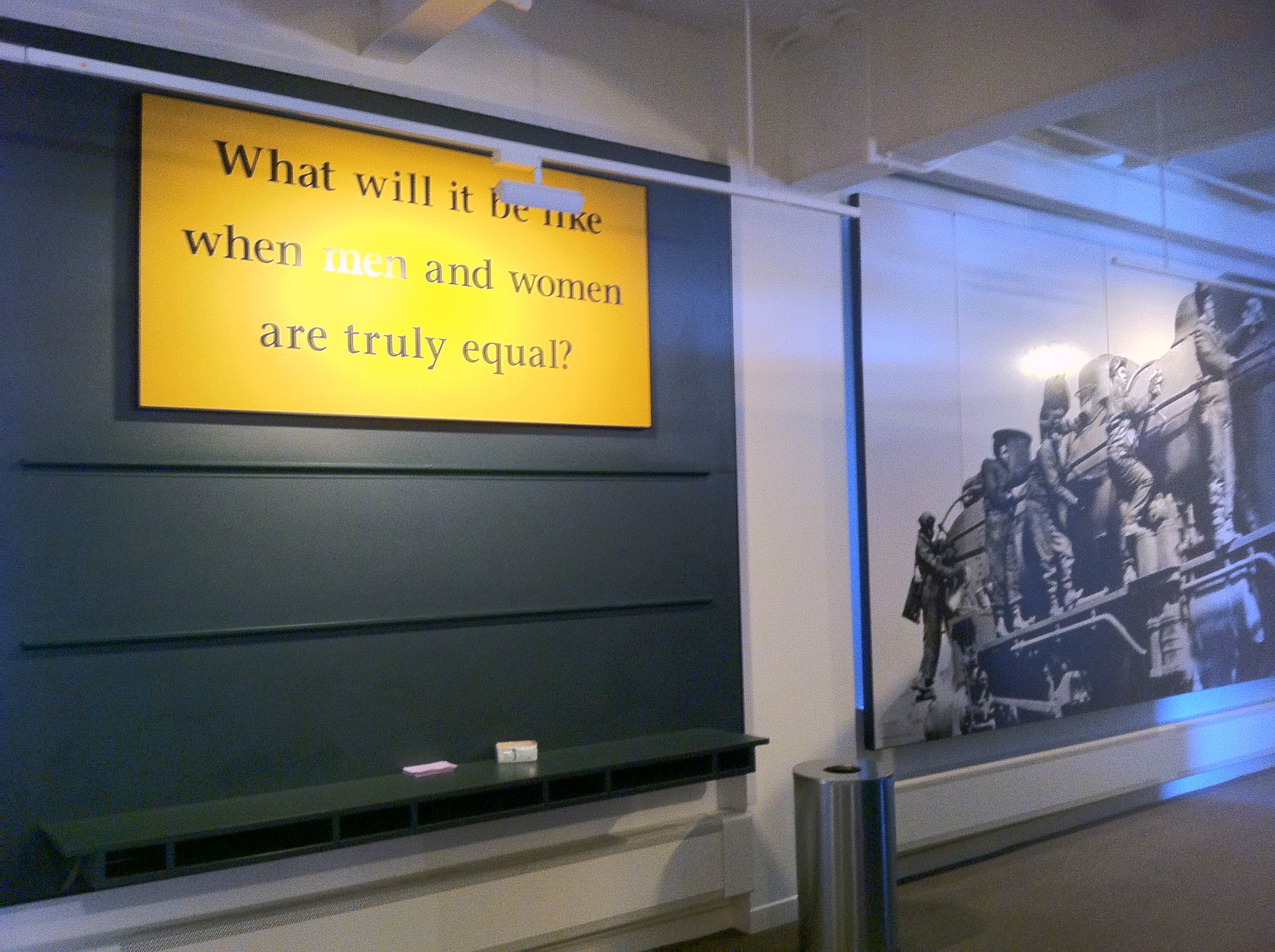 Photograph of a talk-back board at the Women's Rights National Historical Park in Seneca Falls, New York. The question reads: What will it be like when men and women are truly equal?