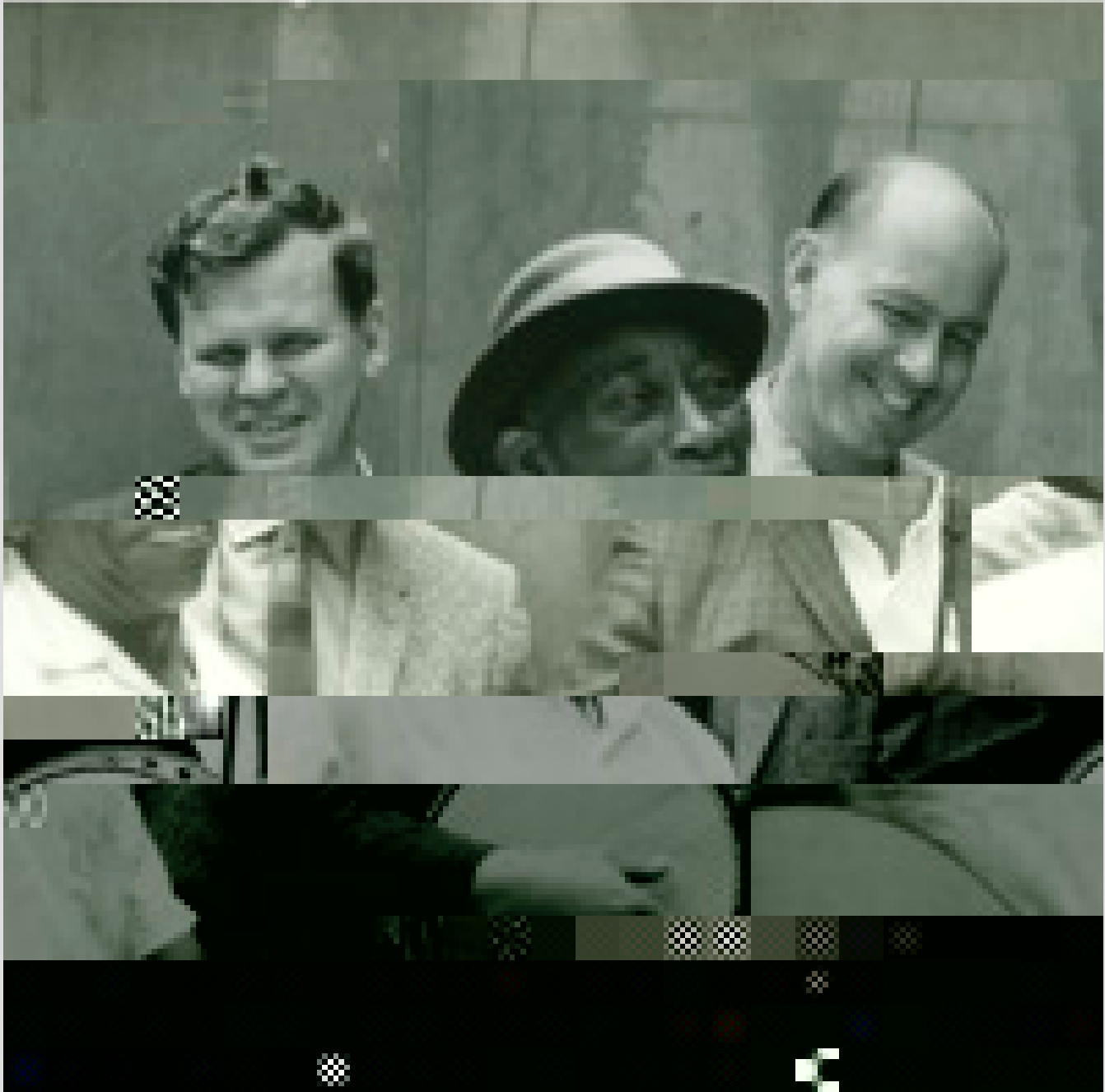 A glitched photograph showing from left to right, Arthel "Doc" Watson, "Mississippi" John Hurt and Sam Hinton.