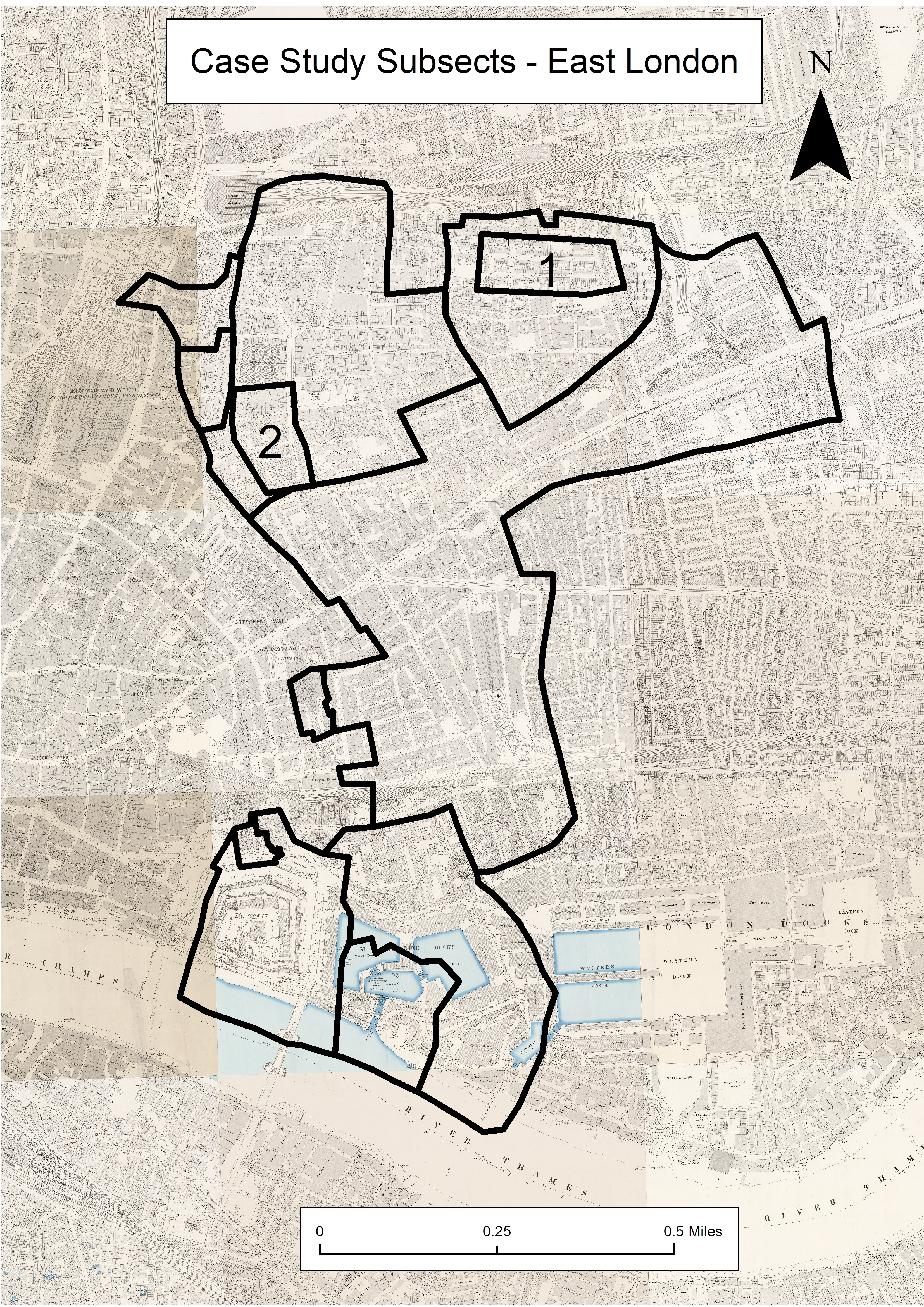 A map of East London with an overlay showing subsect one and subsect two