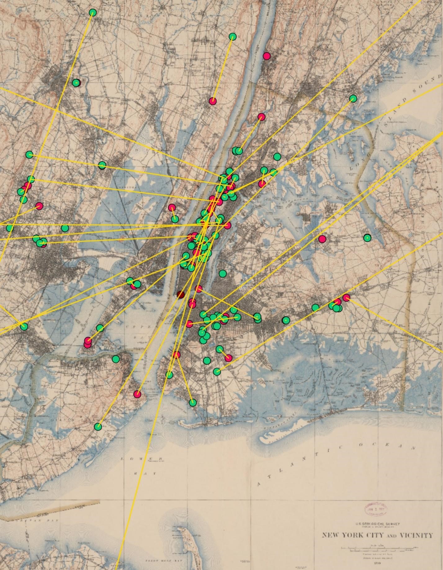 A map of New York City, showing the location of workers in the years nineteen hundred and nineteen hundred and ten