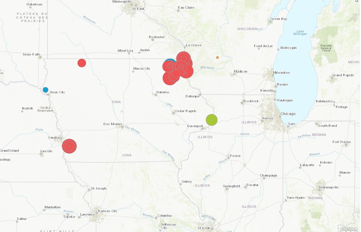 A map showing amateur archaeologists sites in northeast Iowa marked with red dots.