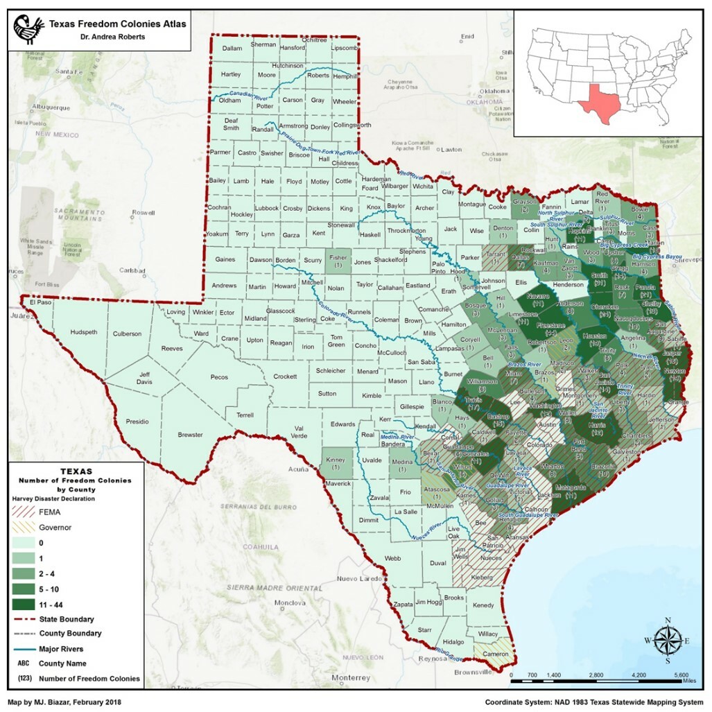 This map from the Texas Freedom Colony Atlas shows the counties, predominantly in the eastern part of the state, which suffered the greatest impact of Hurricane Harvey.