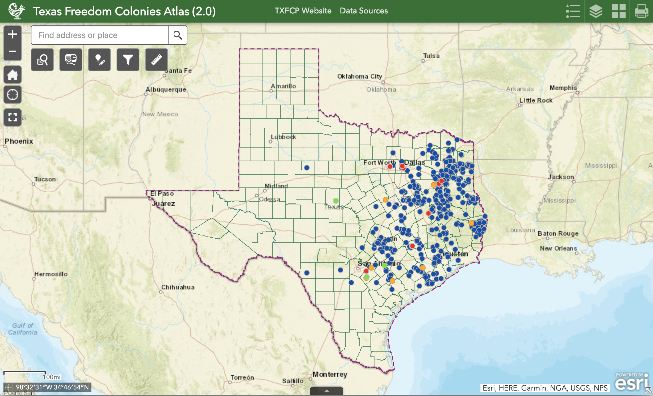 Screenshot of the Texas Freedom Colony Atlas, showing a map of Texas, with blue dots that represent the locations of identified freedom colonies