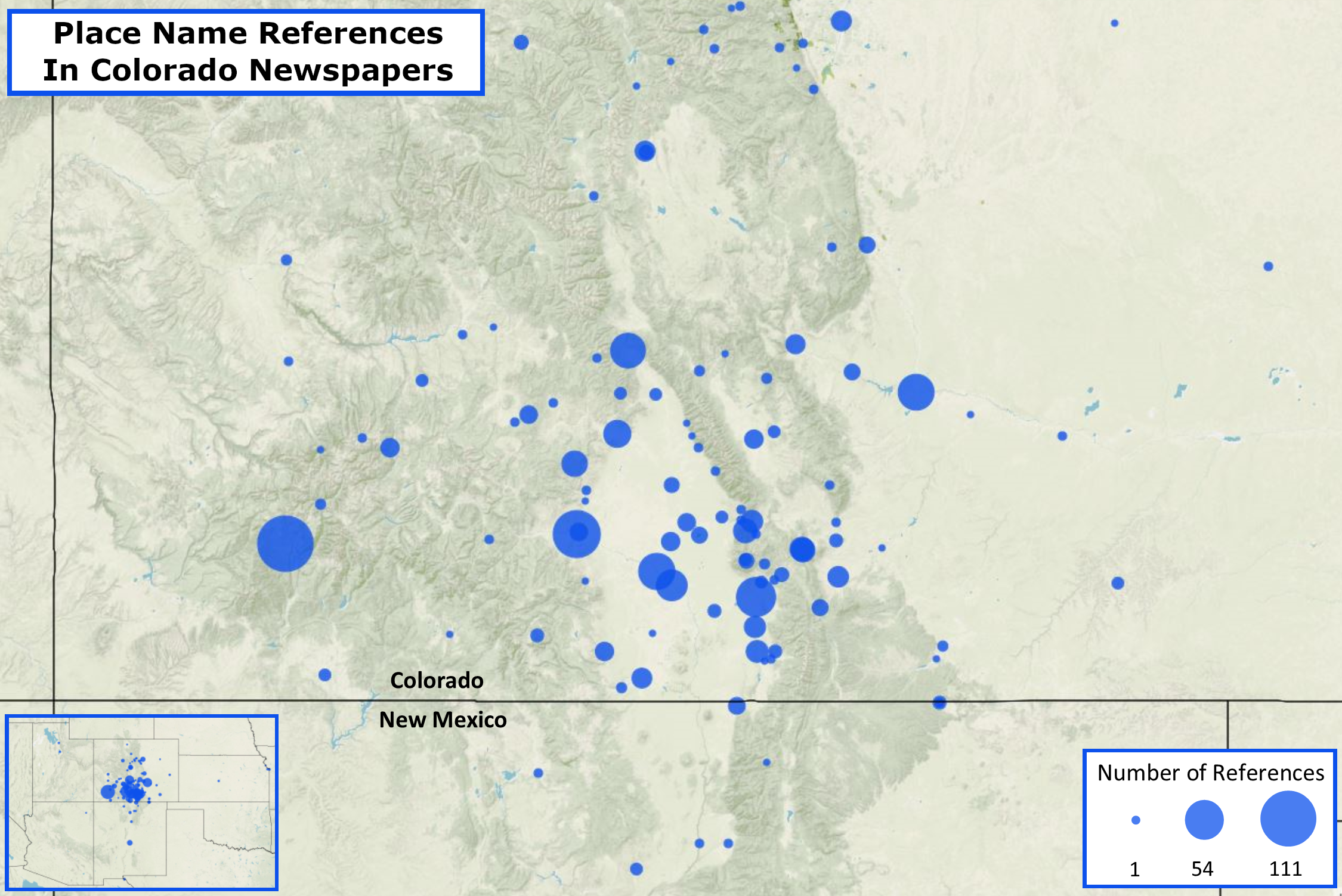 Map of Colorado and northern New Mexico, with blue circles to indicate the locations of places referenced in Colorado newspapers. The circles increase in size to indicate a greater number of references.