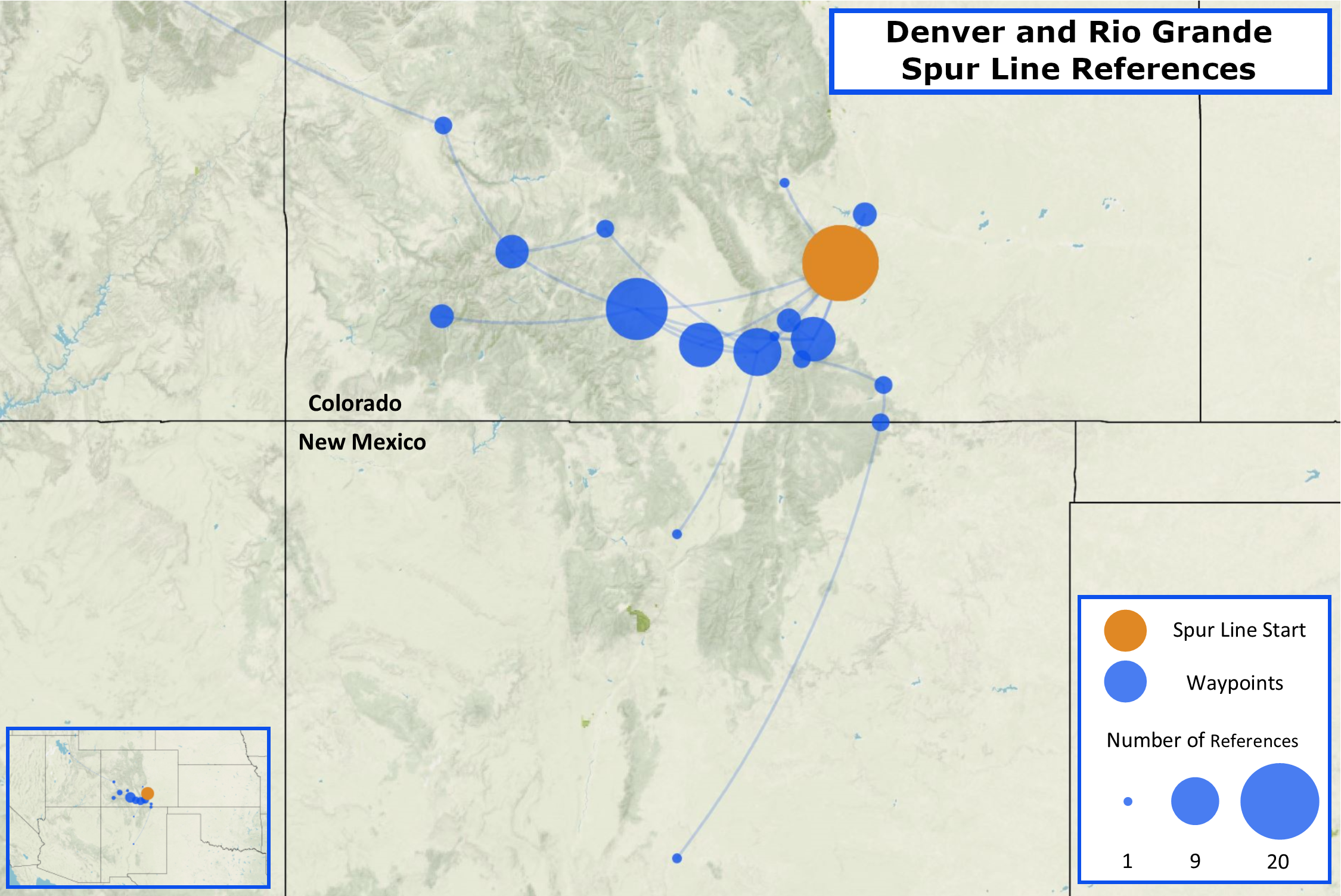 Map of southern Colorado and northern New Mexico, showing Denver and Rio Grande spur line references. A orange circle indcates the location where the spur line began. Blue circles indicate locations of waypoints. The circles increase in size to indicate a greater number of references.