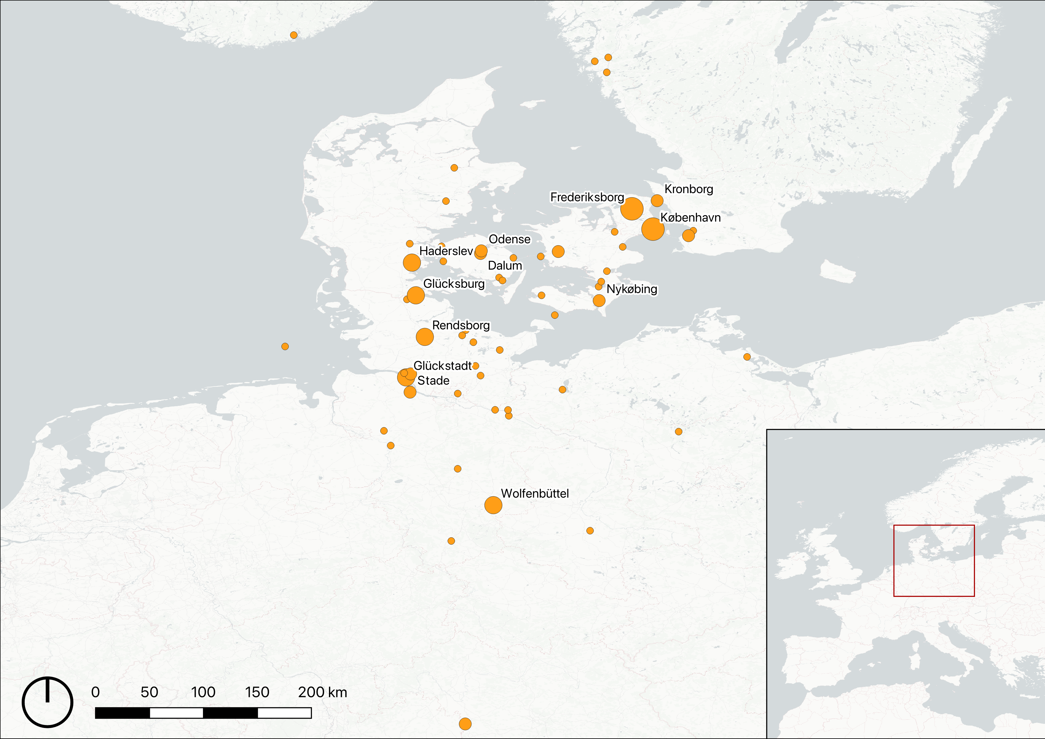 a digital map of europe showing orange dots indicating location that are also labeled with european cities. the dots are of various sizes to indicate density