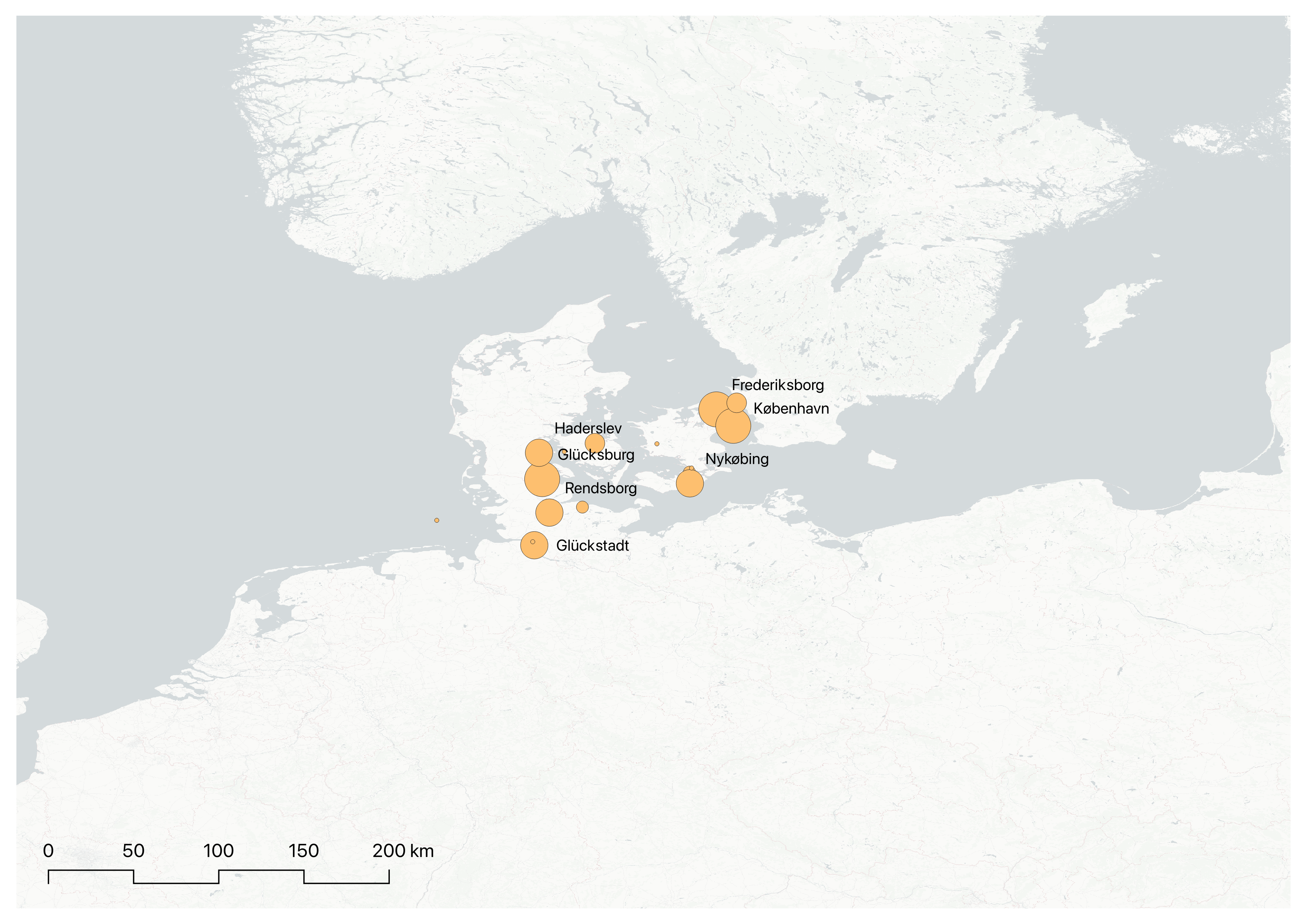 a digital map of europe showing orange dots indicating location that are also labeled with european cities. the dots are of various sizes to indicate density