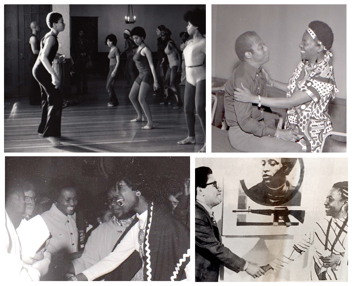 Group of four photographs. Top left shows a dance class. Top right shows James Baldwin with Mary Ann Pollar. Bottom left shows Shirley Chisholm at Rainbow Sign. Bottom right shows Herman Kofi Bailey shaking Mary Ann Pollar&rsquo;s hand.