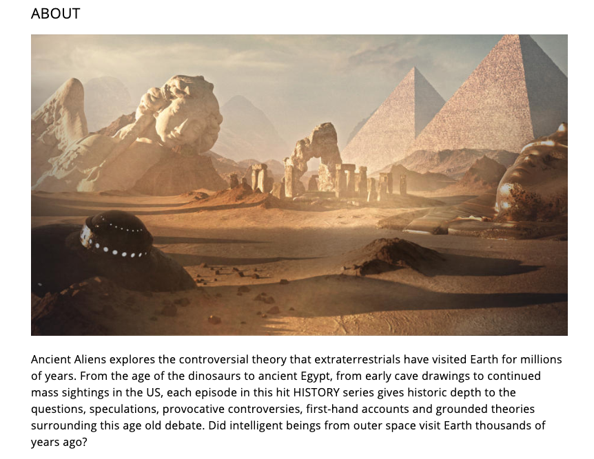 Screenshot from History&rsquo;s webpage for the show Ancient Aliens.