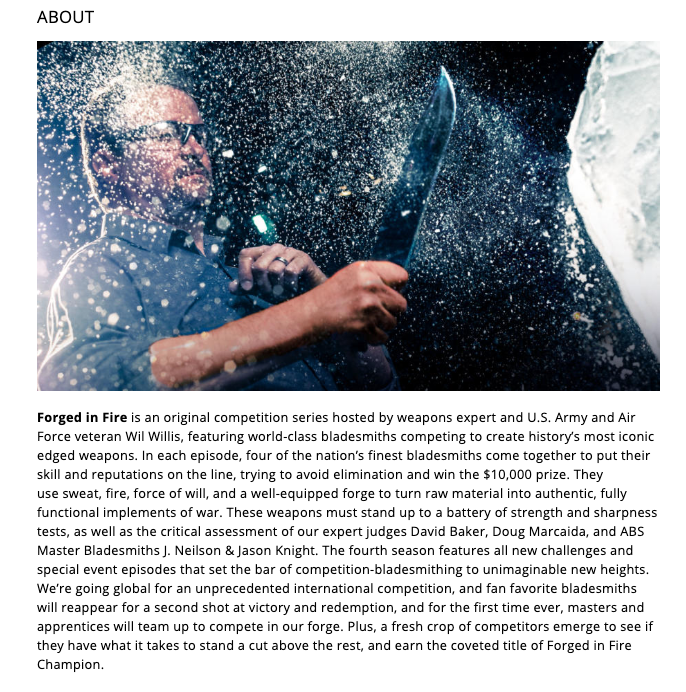 Screenshot from History&rsquo;s webpage for the show Forged in Fire.