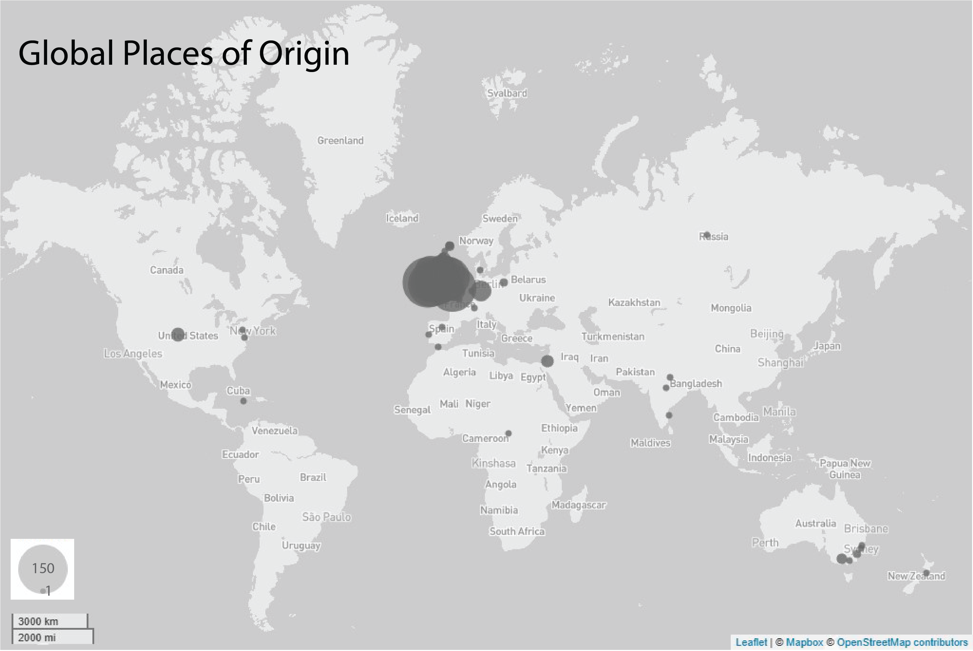 A map of the world with density dots on the UK, US, and Australia