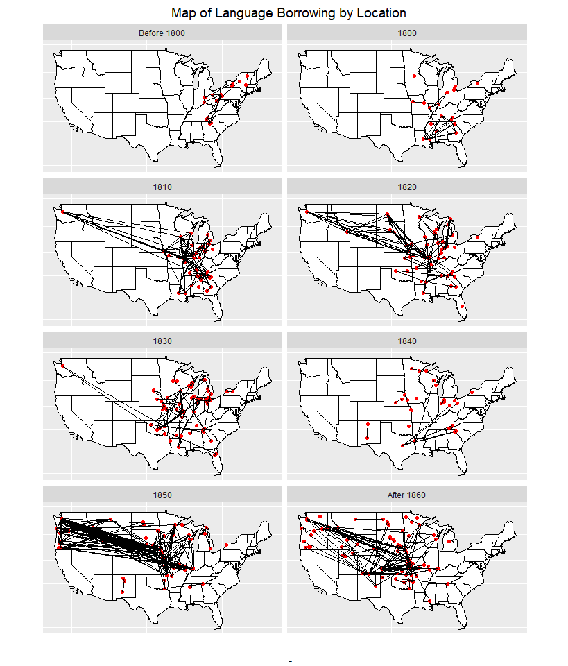 Series of maps showing language borrowing networks based upon the location impacted by the treaty by decade