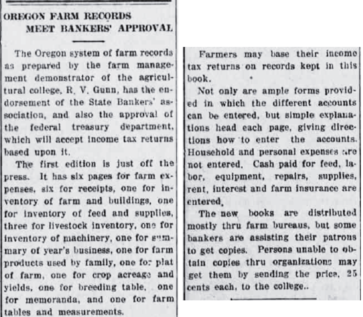Black and white image of newspaper article entitled &ldquo;Oregon Farm Records Meet Bankers Approval&rdquo;