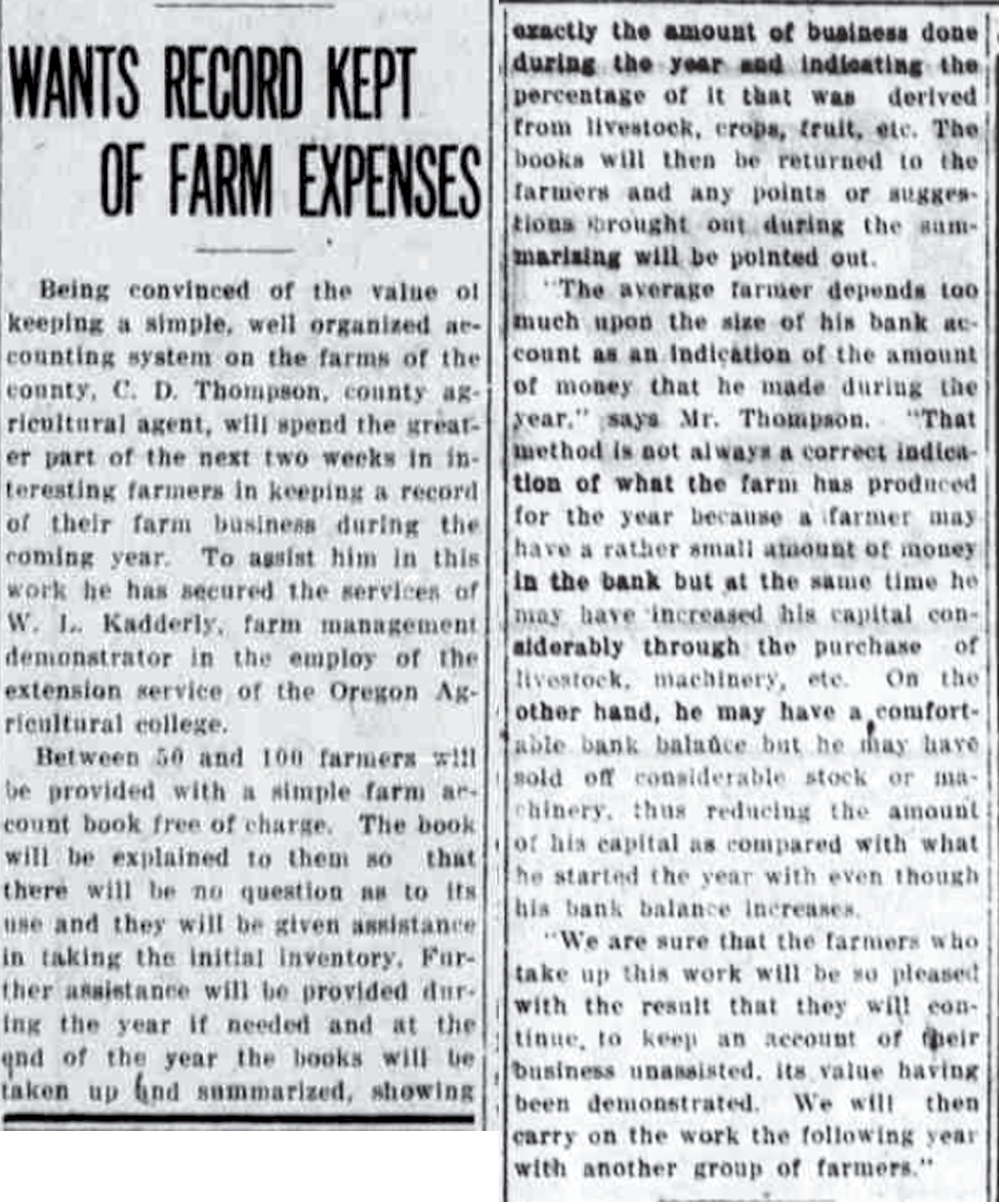 Black and white image of newspaper article entitled &ldquo;Wants Record Kept of Farm Expenses&rdquo;