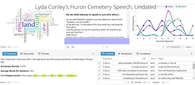 A Voyant visualization created using Lyda Conley&rsquo;s corpus.