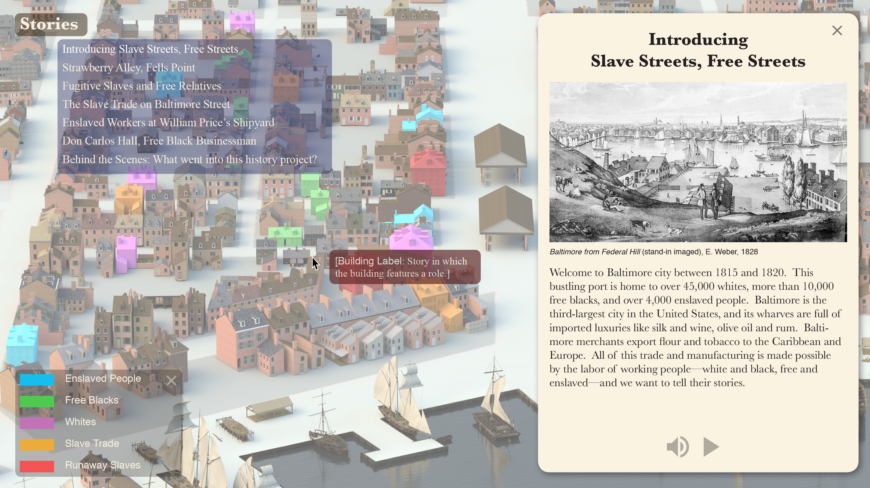 Opening page for a Slave Streets, Free Streets prototype.