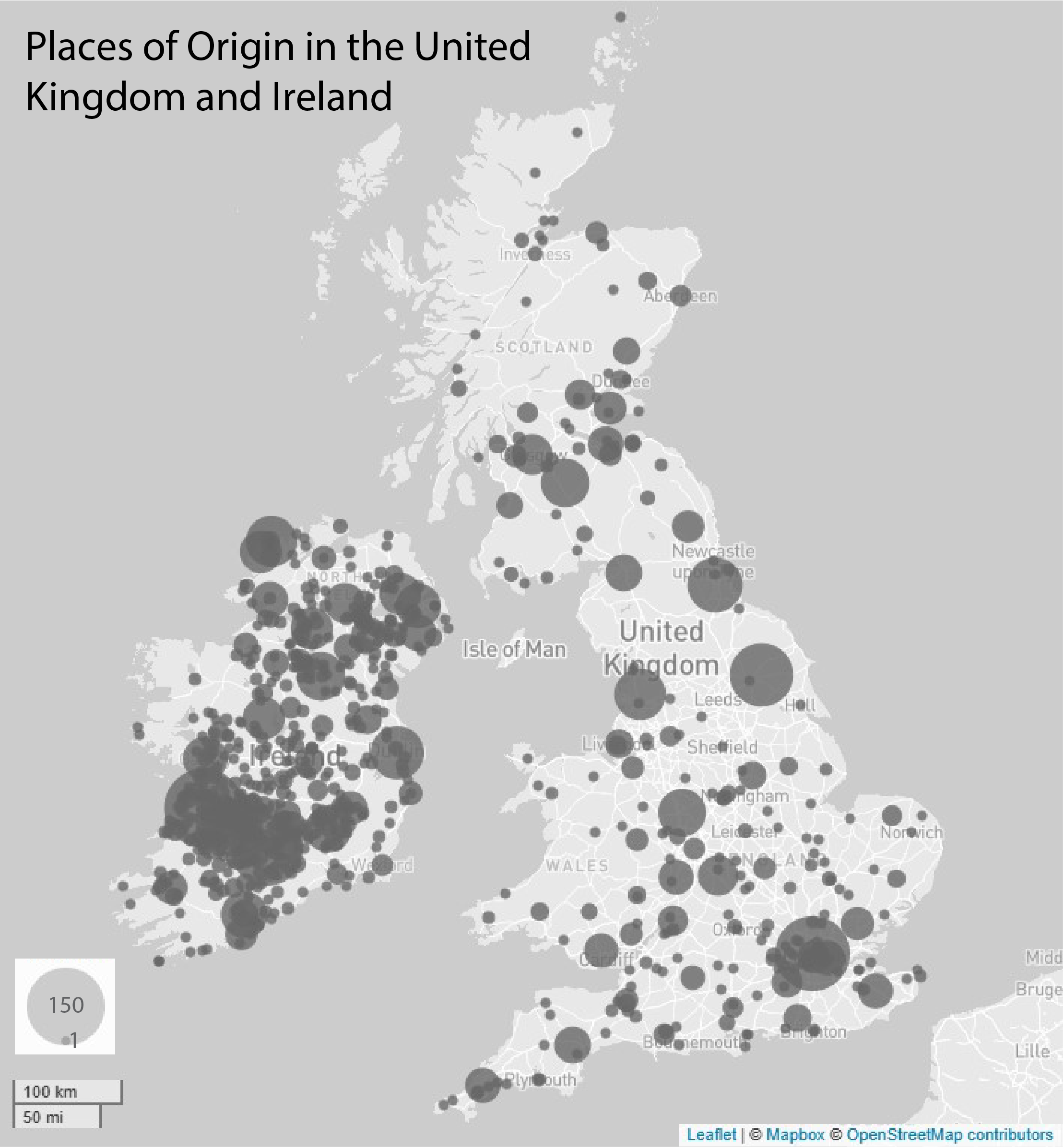 A map of the UK with density dots